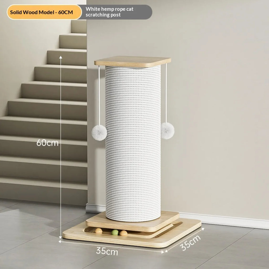 Reversible cat scratching post with hanging teaser balls